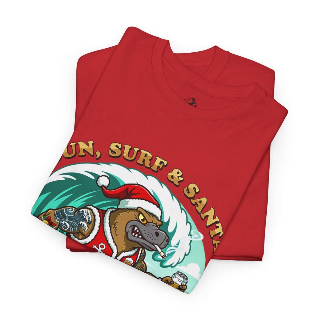 Santa Surfing Platypus T-Shirt — "Sun, Surf & Santa"