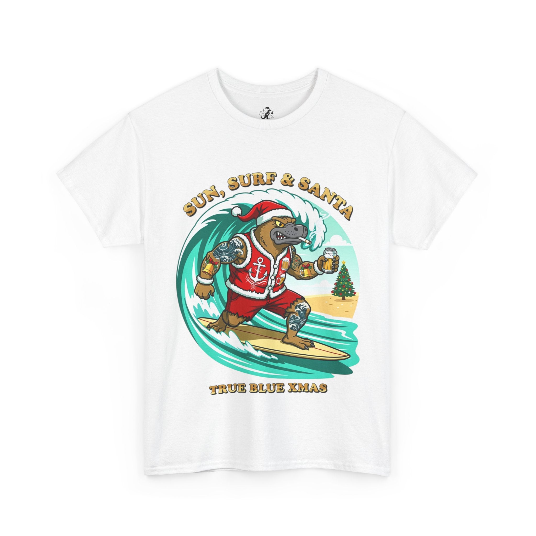 Santa Surfing Platypus T-Shirt — "Sun, Surf & Santa"
