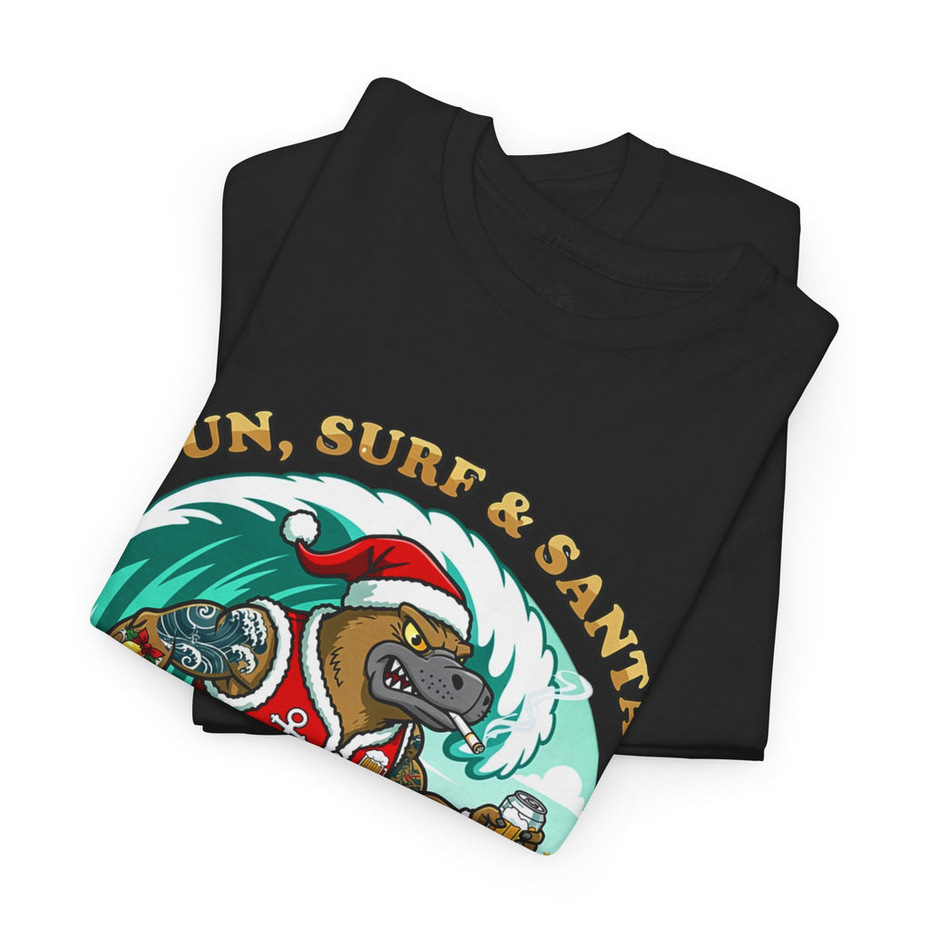 Santa Surfing Platypus T-Shirt — "Sun, Surf & Santa"