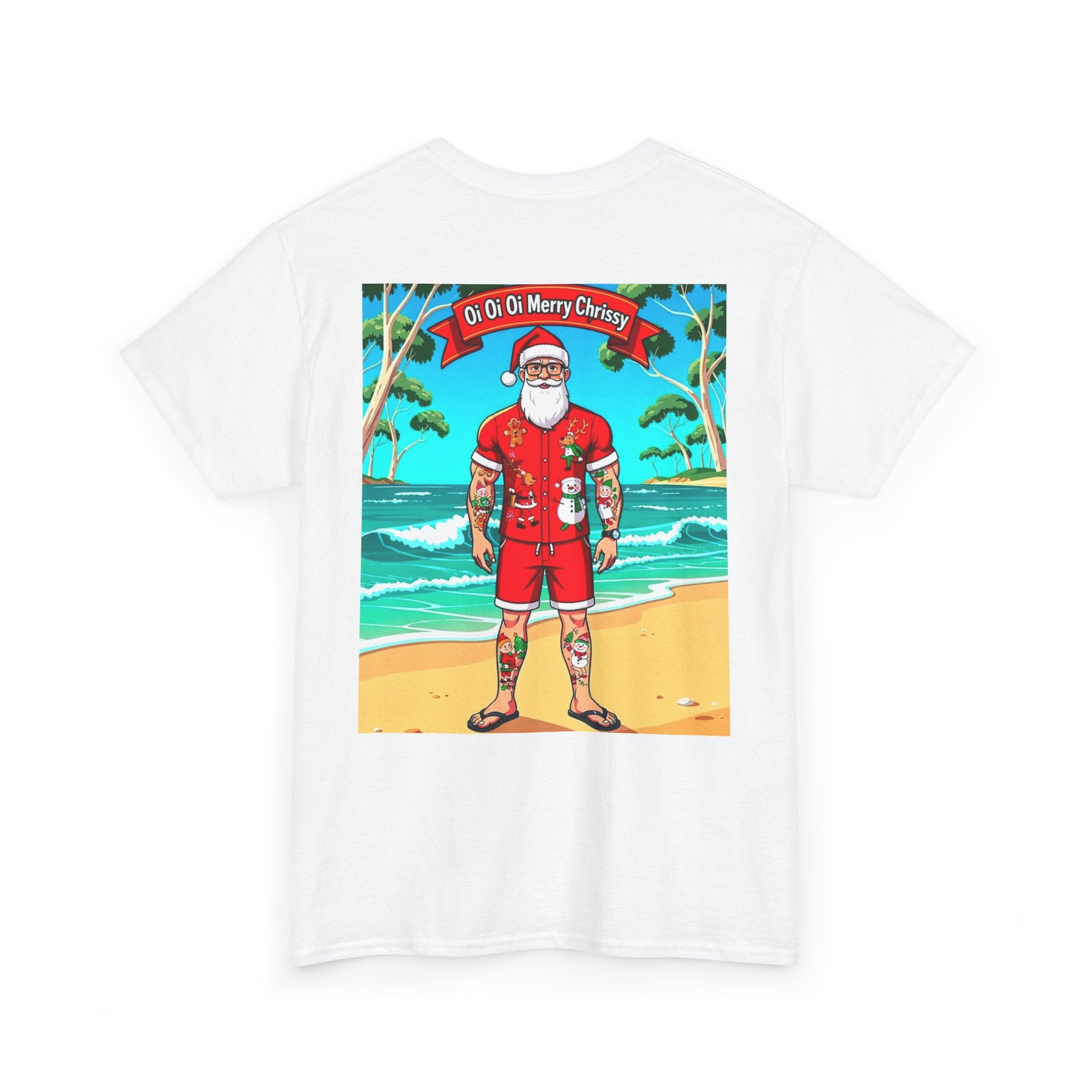 Santa on the Beach T‑Shirt — 'O Oh O Merry Christma' Retro Tropical Christmas Tee