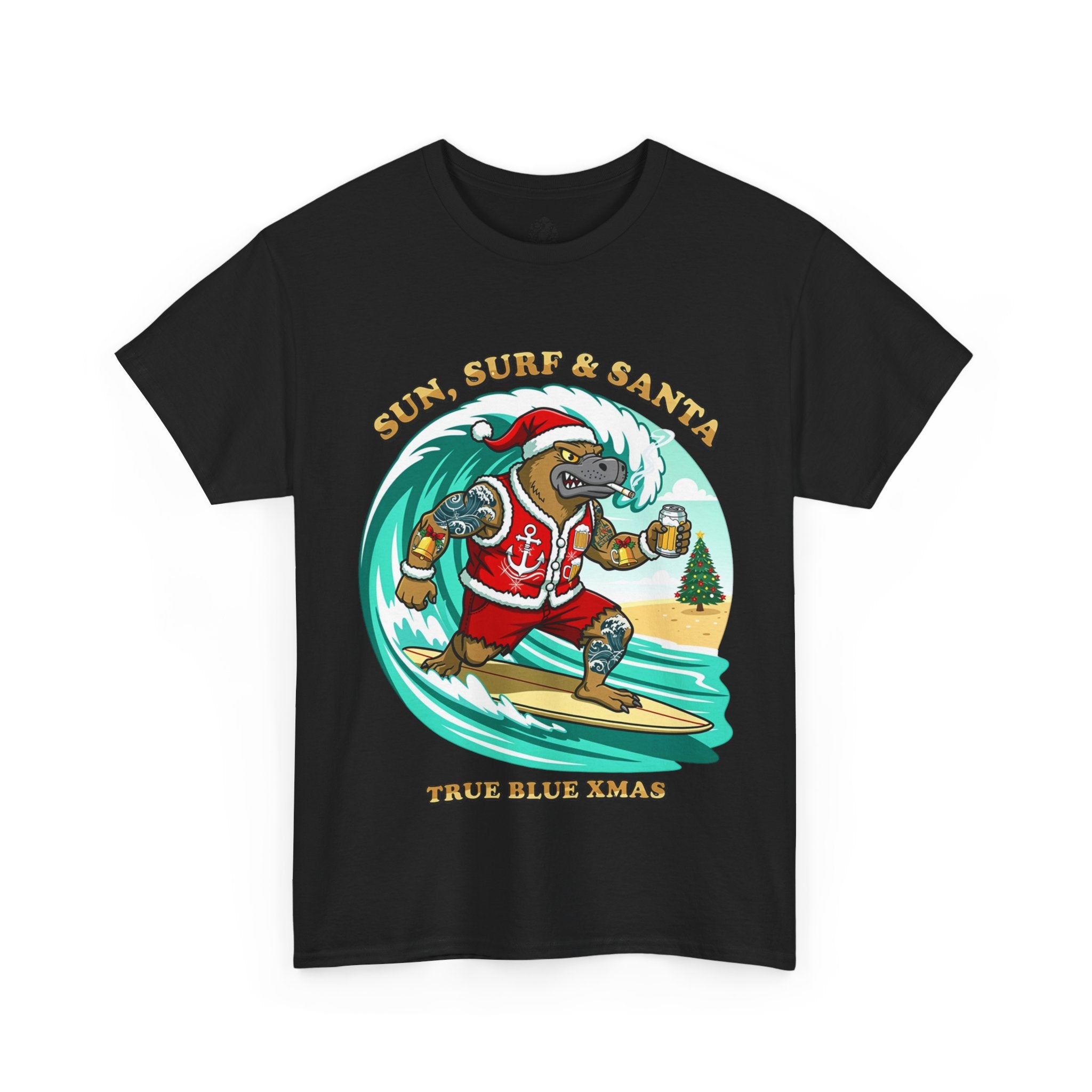 Santa Surfing Platypus T-Shirt — "Sun, Surf & Santa"