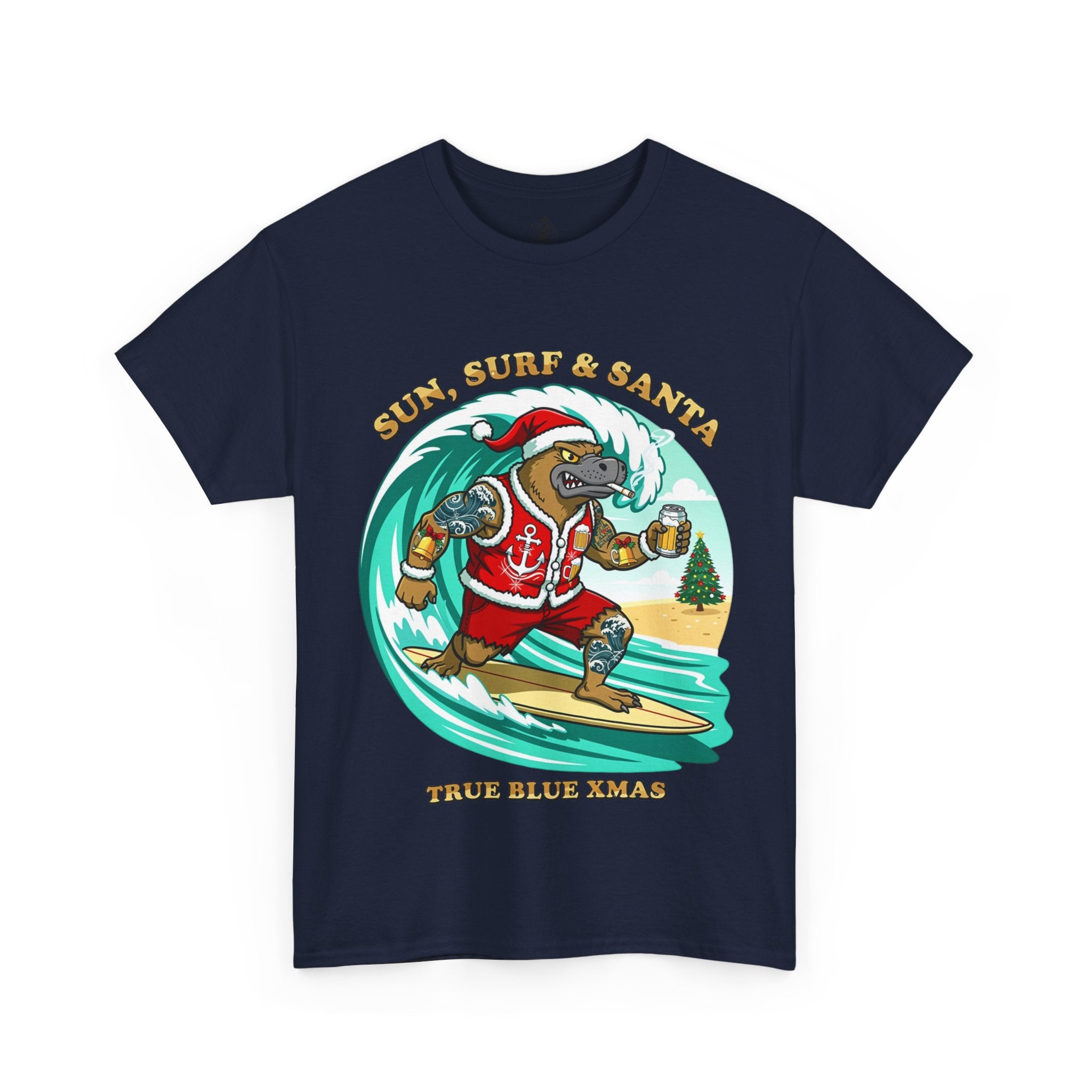 Santa Surfing Platypus T-Shirt — "Sun, Surf & Santa"