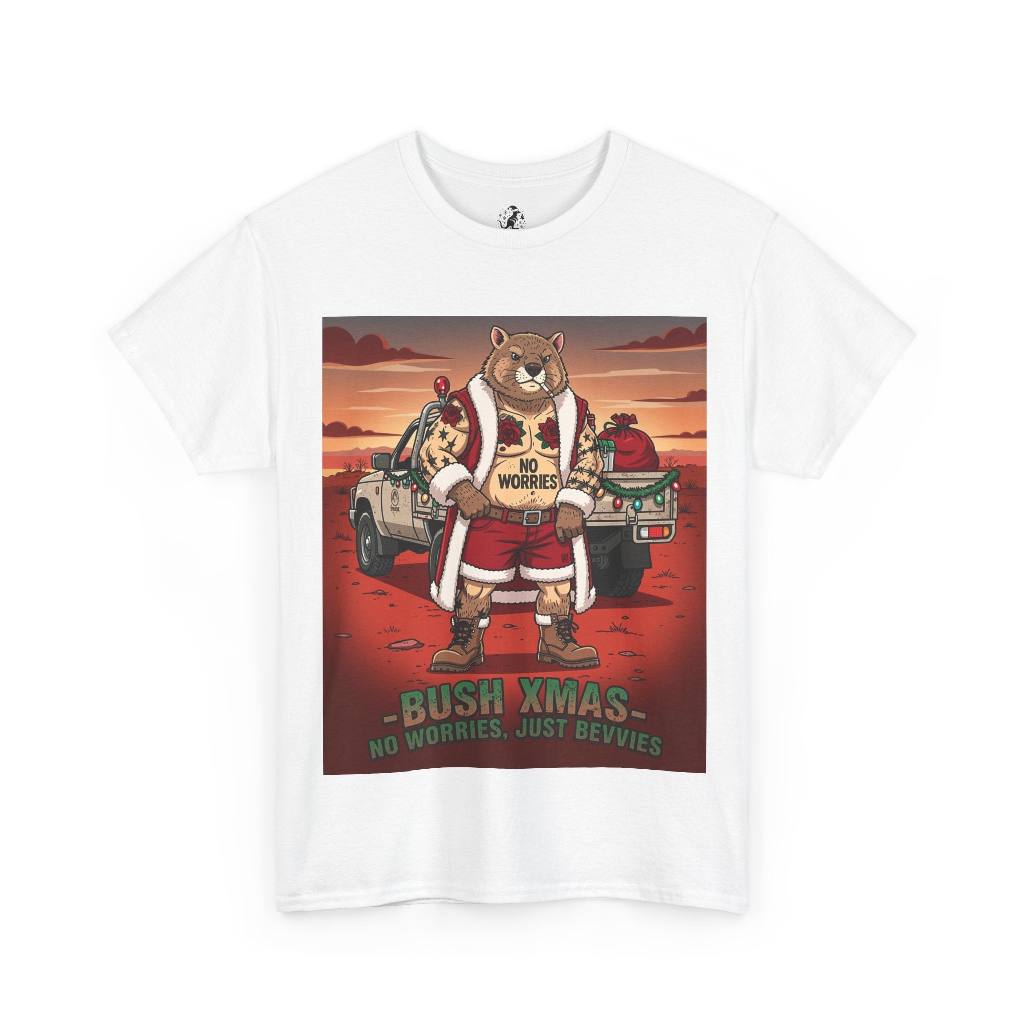 Bush Xmas Santa Wombat — "No Worries Just Bevvies" Aussie Christmas Tee