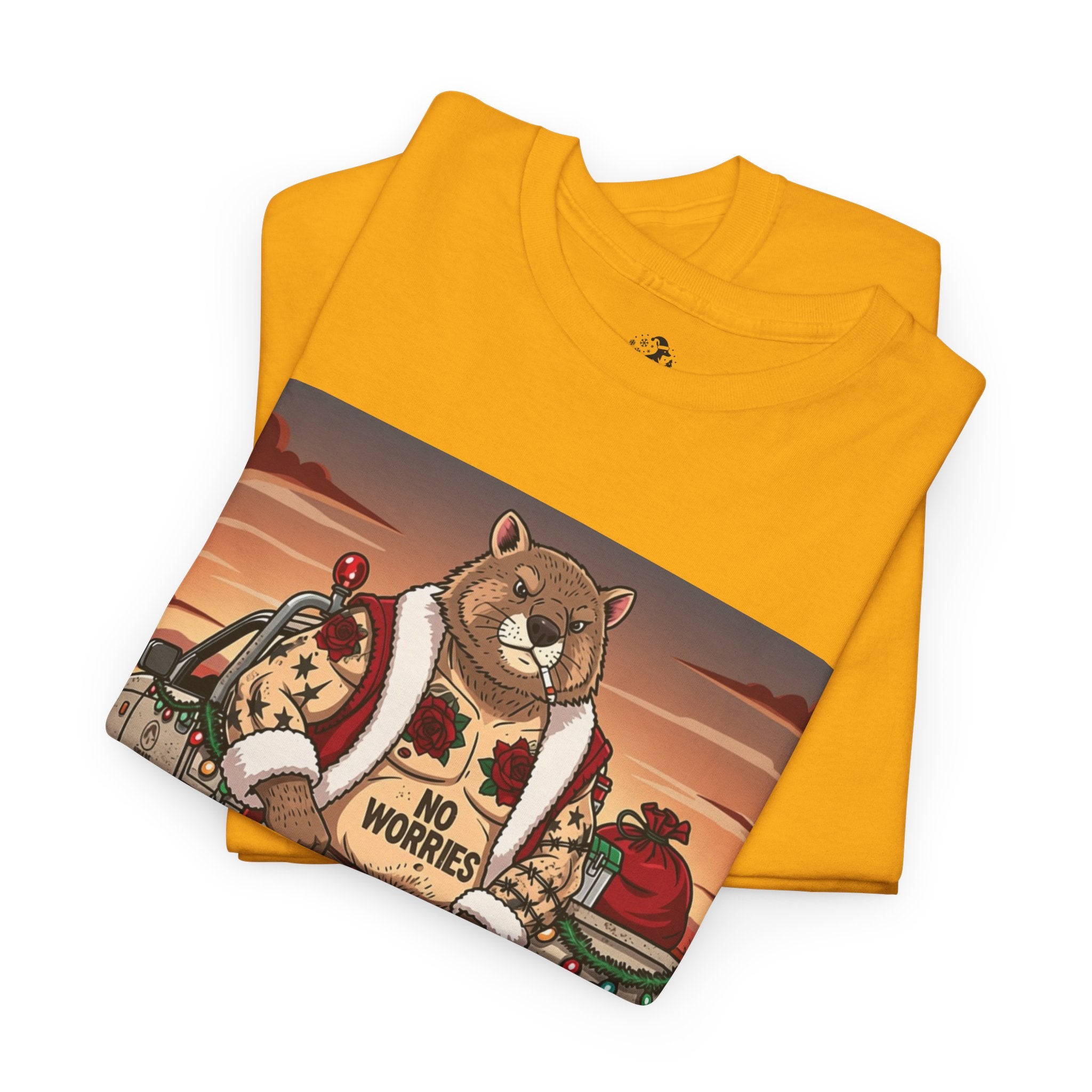 Bush Xmas Santa Wombat — "No Worries Just Bevvies" Aussie Christmas Tee