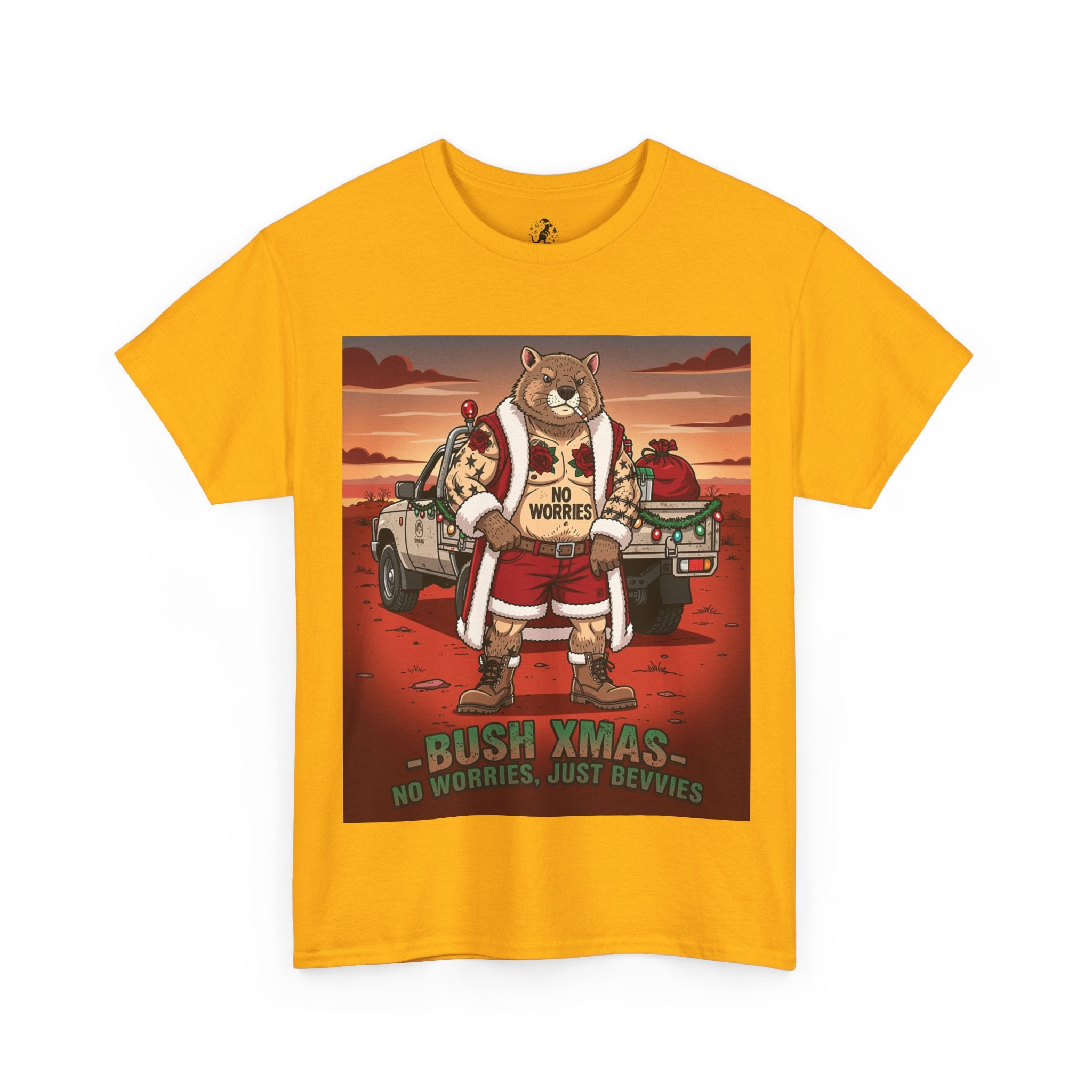 Bush Xmas Santa Wombat — "No Worries Just Bevvies" Aussie Christmas Tee