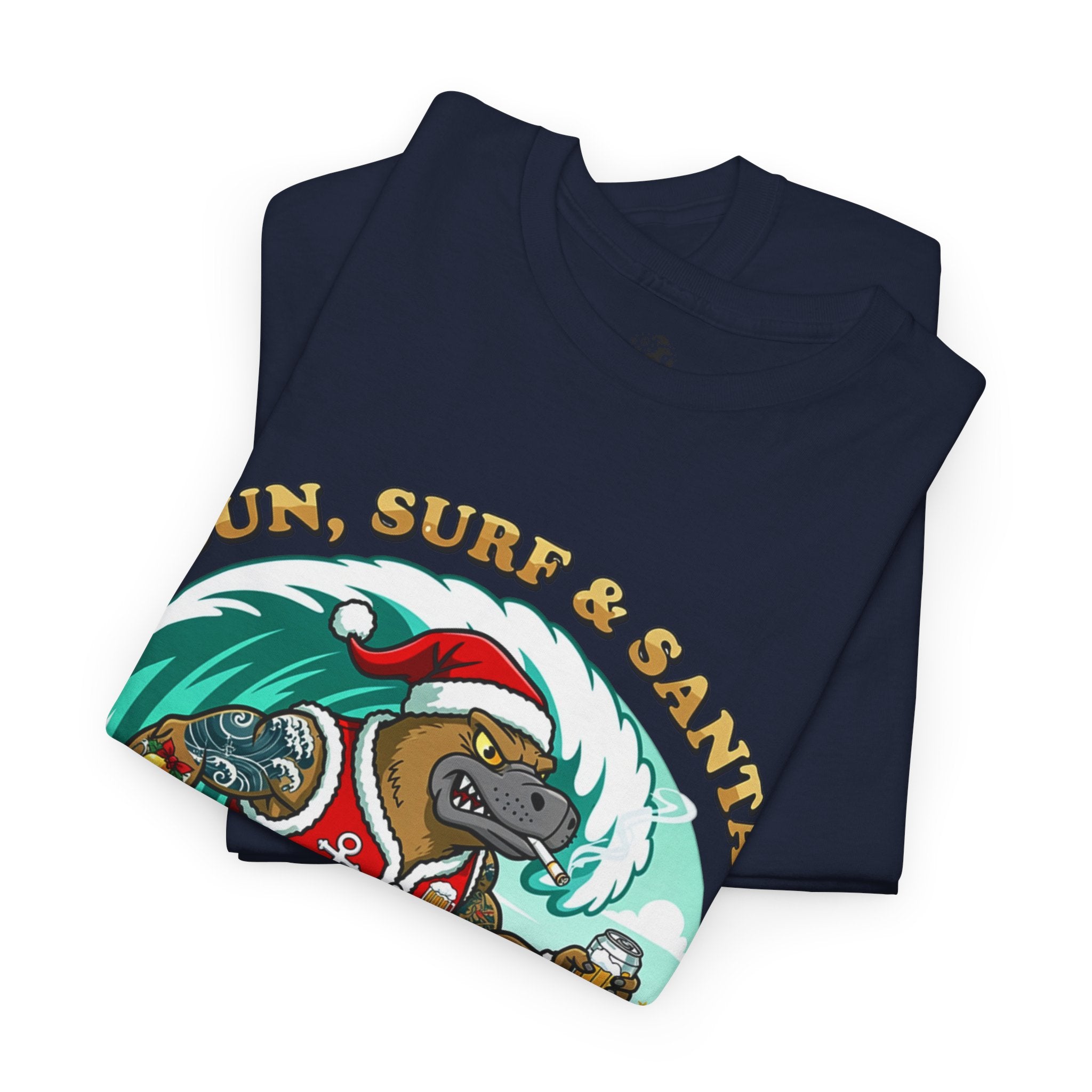 Santa Surfing Platypus T-Shirt — "Sun, Surf & Santa"