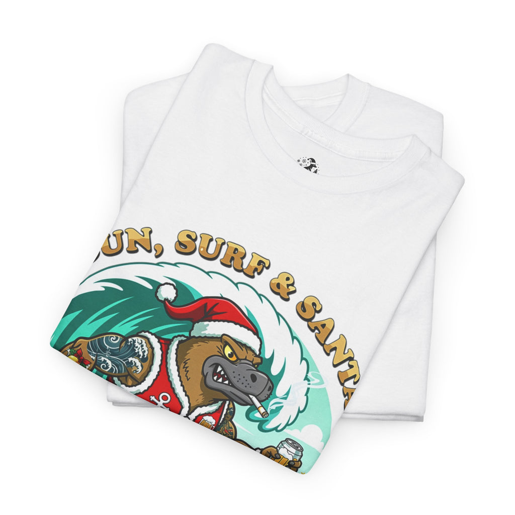 Santa Surfing Platypus T-Shirt — "Sun, Surf & Santa"