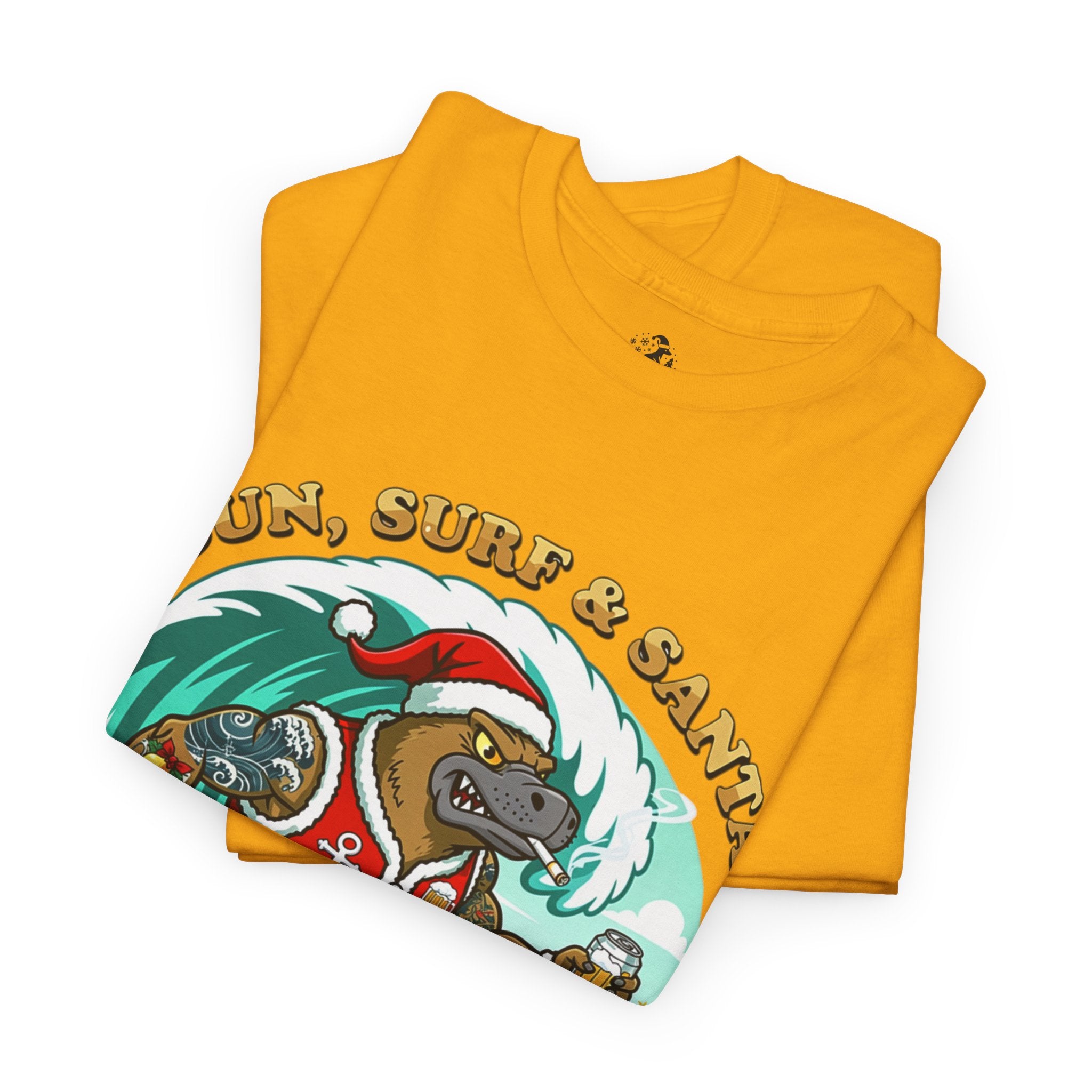 Santa Surfing Platypus T-Shirt — "Sun, Surf & Santa"