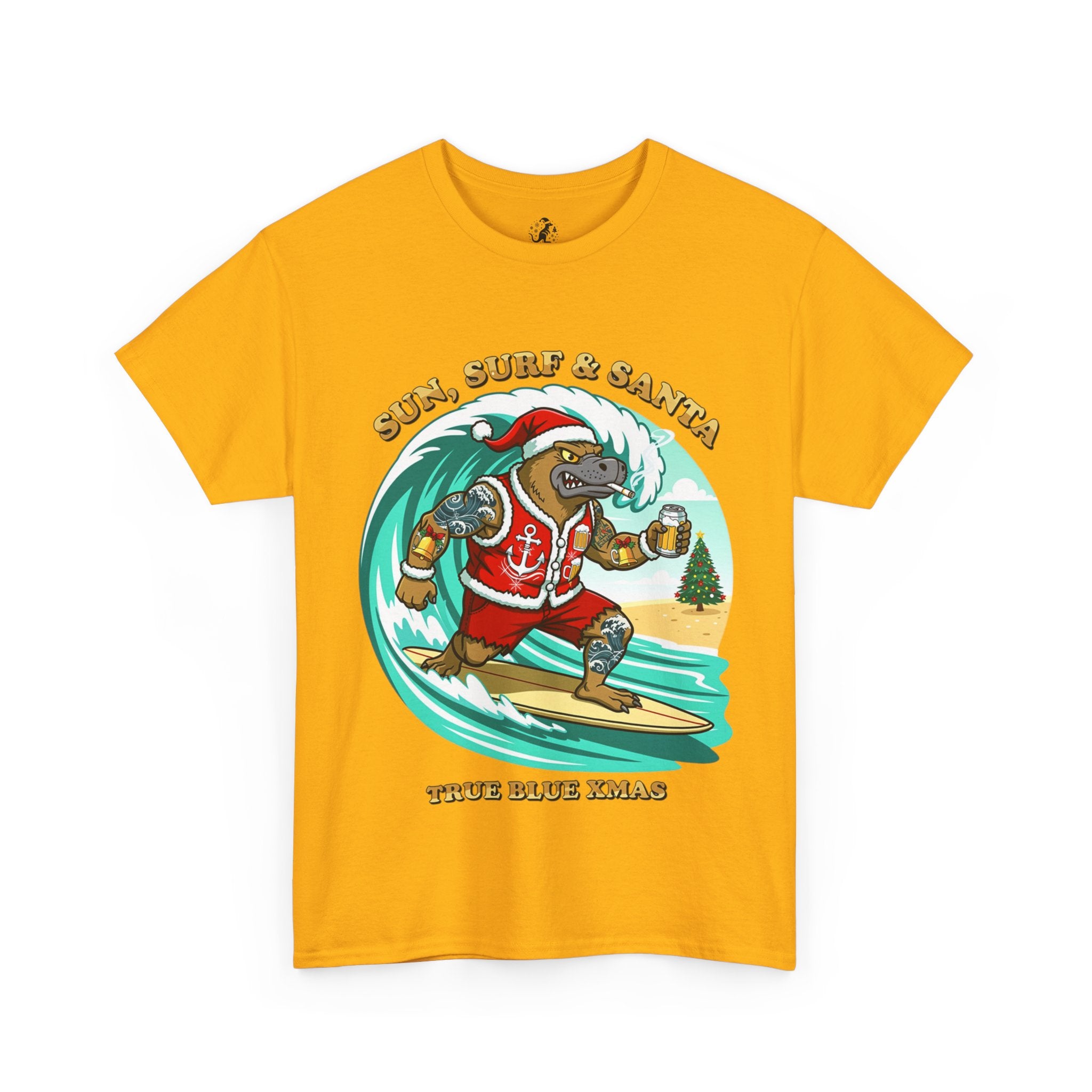 Santa Surfing Platypus T-Shirt — "Sun, Surf & Santa"