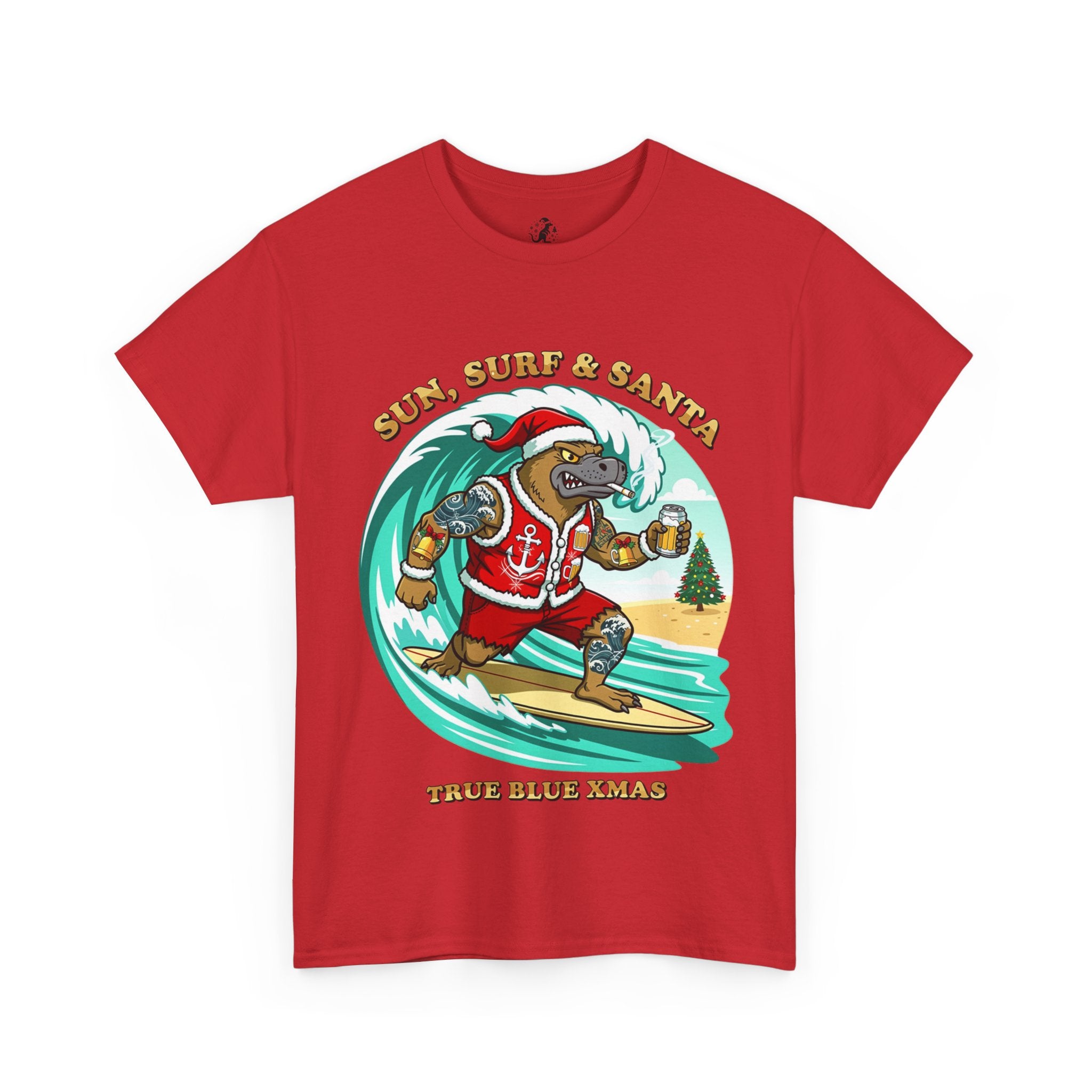 Santa Surfing Platypus T-Shirt — "Sun, Surf & Santa"